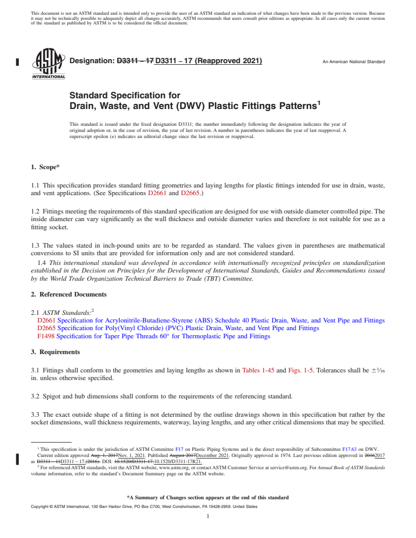 REDLINE ASTM D3311-17(2021) - Standard Specification for Drain, Waste, and Vent (DWV) Plastic Fittings Patterns