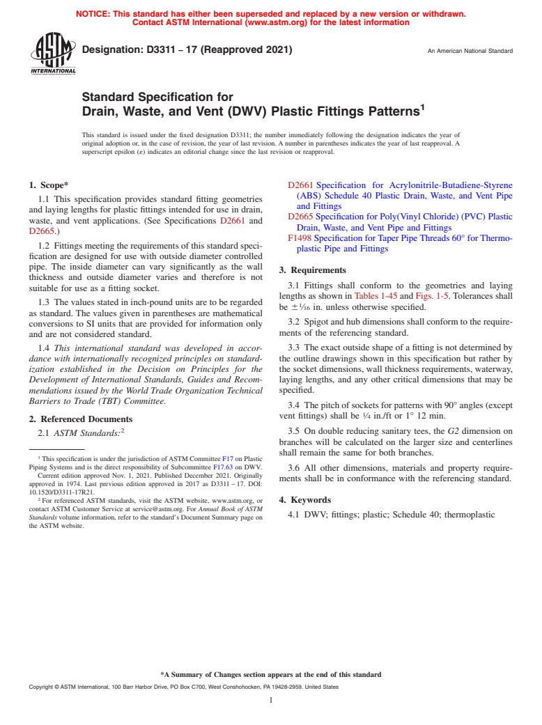 ASTM D3311-17(2021) - Standard Specification for Drain, Waste, and Vent (DWV) Plastic Fittings Patterns