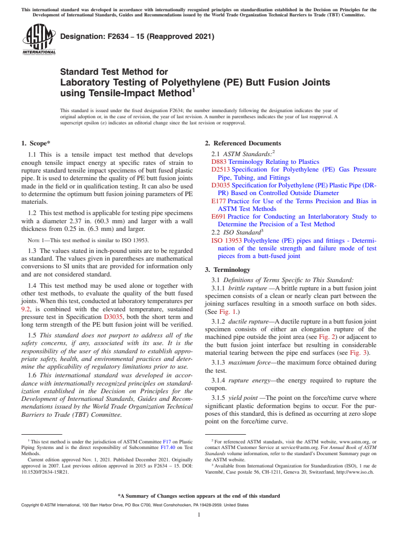 ASTM F2634-15(2021) - Standard Test Method for  Laboratory Testing of Polyethylene (PE) Butt Fusion Joints   using Tensile-Impact Method