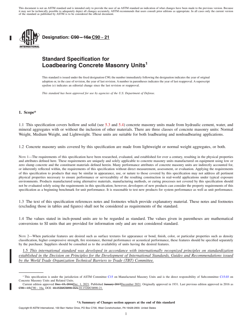 REDLINE ASTM C90-21 - Standard Specification for  Loadbearing Concrete Masonry Units