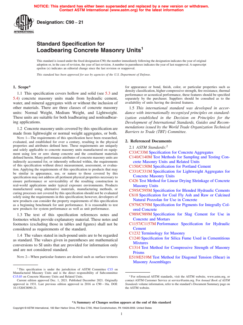 ASTM C90-21 - Standard Specification for  Loadbearing Concrete Masonry Units