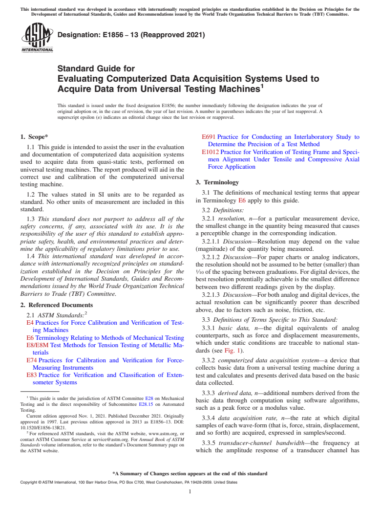 ASTM E1856-13(2021) - Standard Guide for  Evaluating Computerized Data Acquisition Systems Used to Acquire  Data from Universal Testing Machines