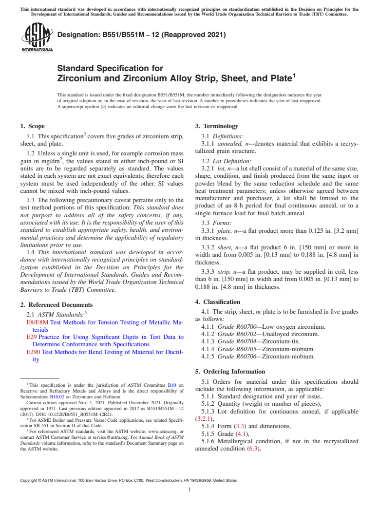 ASTM B551/B551M-12(2021) - Standard Specification for Zirconium and Zirconium Alloy Strip, Sheet, and Plate