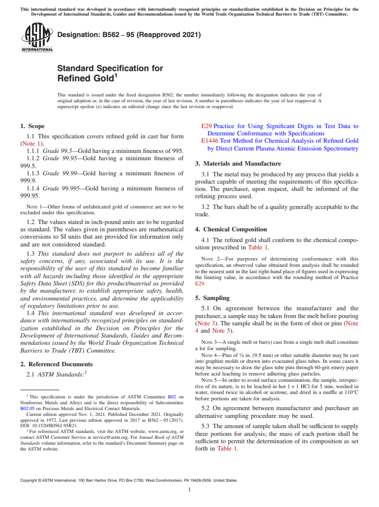 ASTM B562-95(2021) - Standard Specification for Refined Gold