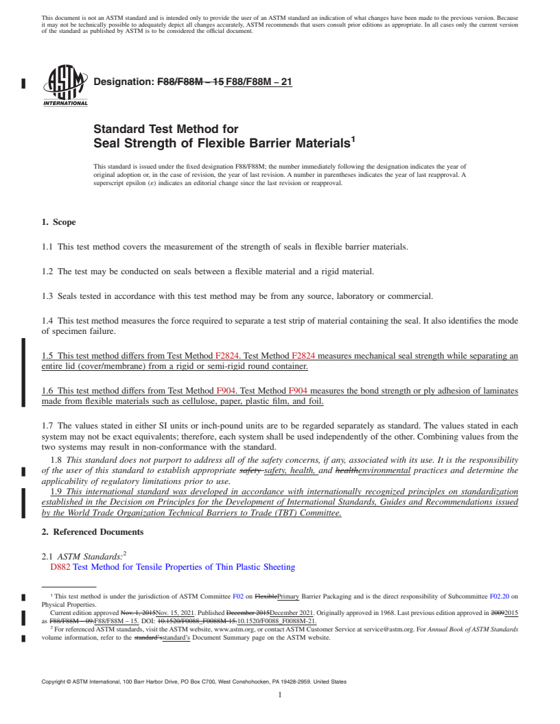 REDLINE ASTM F88/F88M-21 - Standard Test Method for  Seal Strength of Flexible Barrier Materials