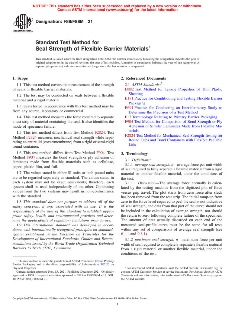 ASTM F88/F88M-21 - Standard Test Method for  Seal Strength of Flexible Barrier Materials