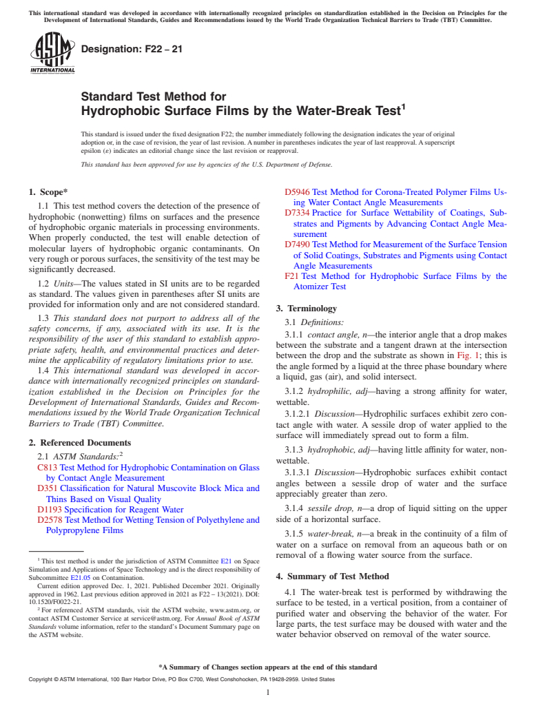 ASTM F22-21 - Standard Test Method for  Hydrophobic Surface Films by the Water-Break Test