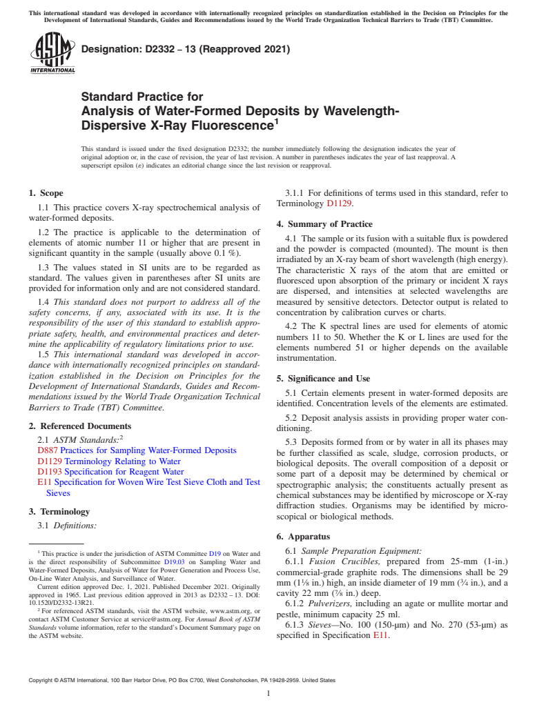 ASTM D2332-13(2021) - Standard Practice for  Analysis of Water-Formed Deposits by Wavelength-Dispersive  X-Ray Fluorescence