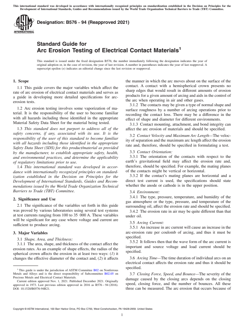 ASTM B576-94(2021) - Standard Guide for Arc Erosion Testing of Electrical Contact Materials