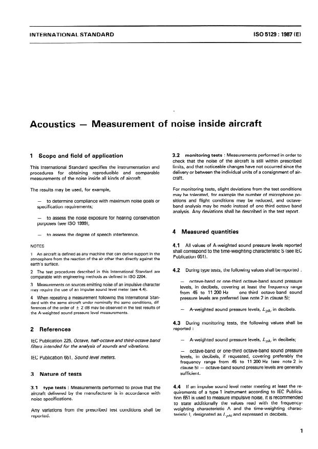 ISO 5129:1987 - Acoustics -- Measurement of noise inside aircraft