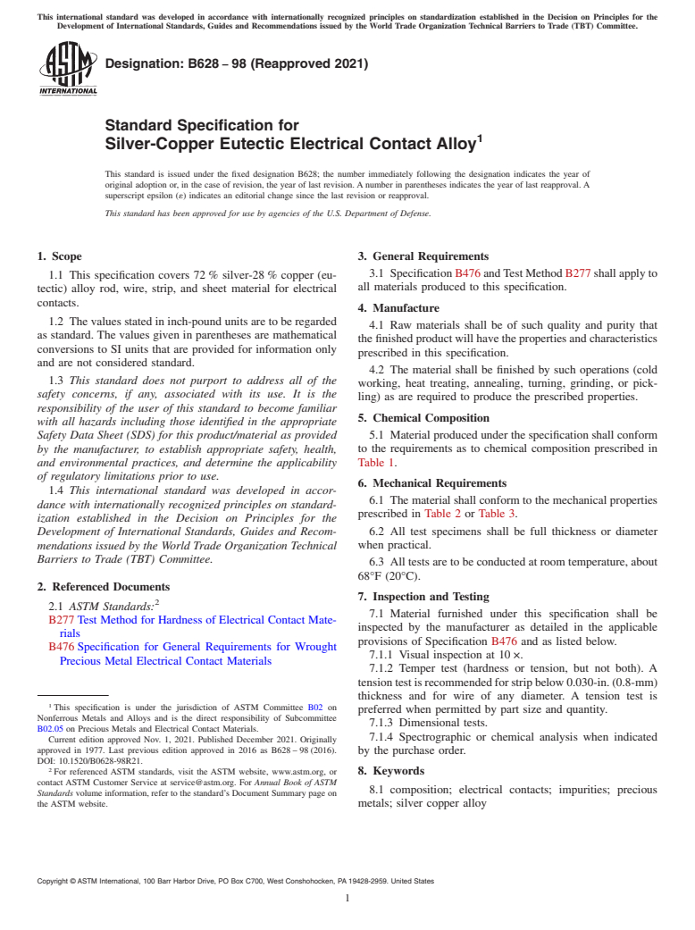 ASTM B628-98(2021) - Standard Specification for Silver-Copper Eutectic Electrical Contact Alloy