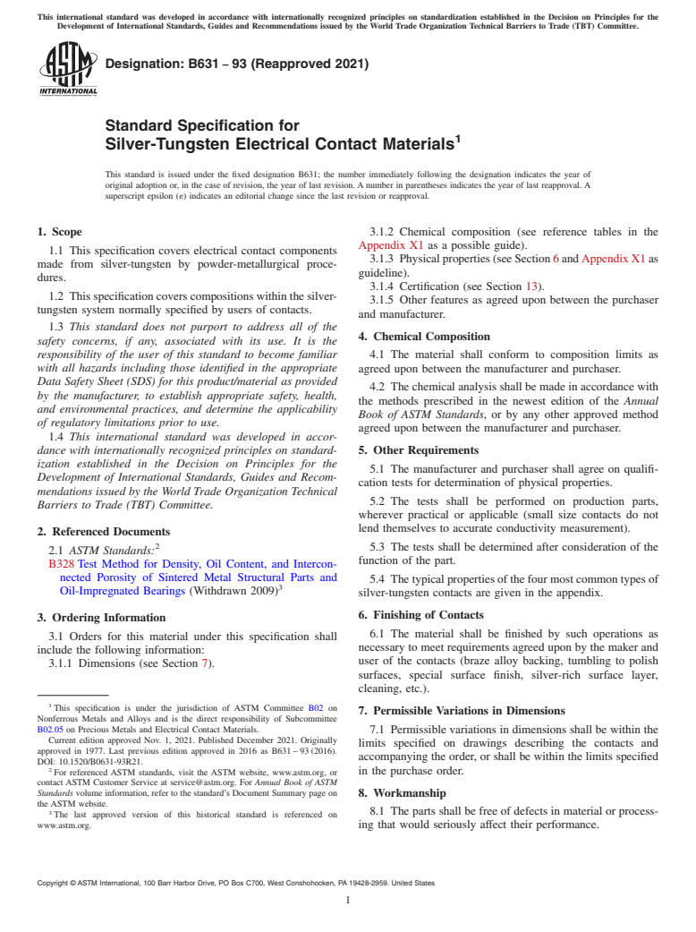 ASTM B631-93(2021) - Standard Specification for Silver-Tungsten Electrical Contact Materials