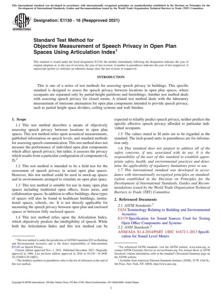 ASTM E1130-16(2021) - Standard Test Method for  Objective Measurement of Speech Privacy in Open Plan Spaces  Using Articulation Index