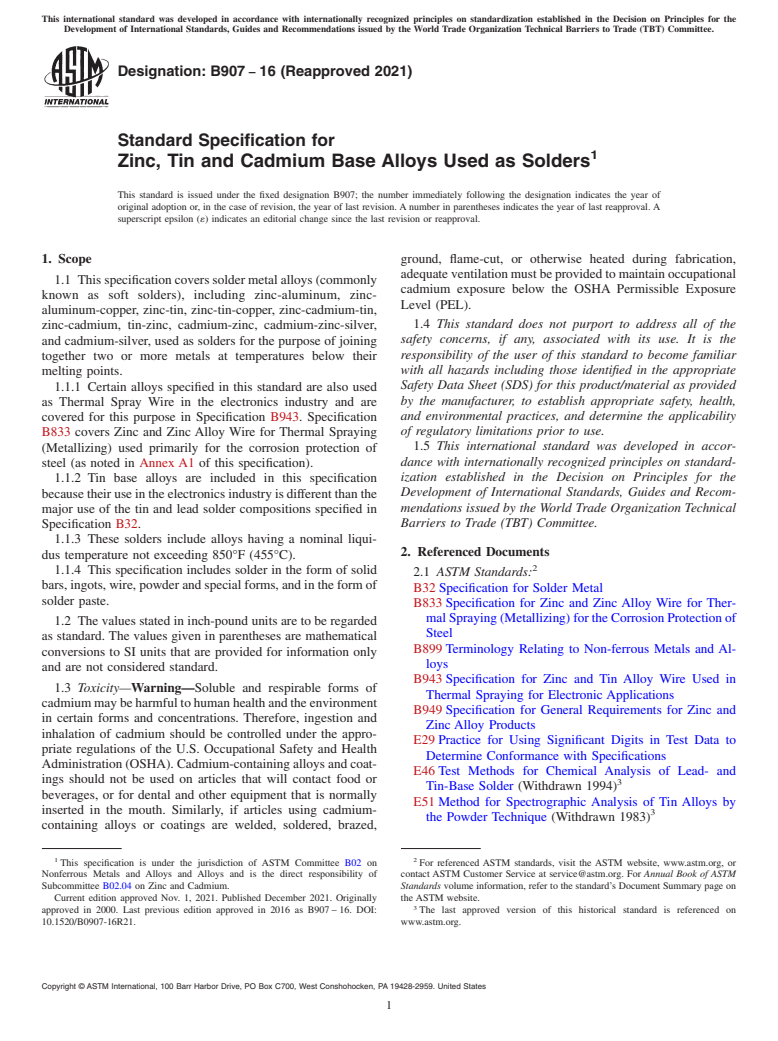 ASTM B907-16(2021) - Standard Specification for Zinc, Tin and Cadmium Base Alloys Used as Solders