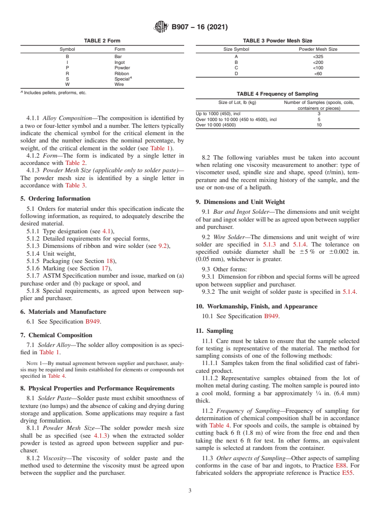 ASTM B907-16(2021) - Standard Specification for Zinc, Tin and Cadmium Base Alloys Used as Solders