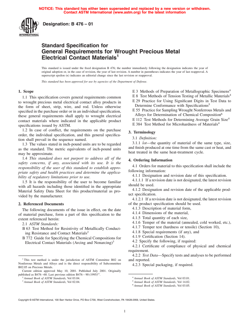 ASTM B476-01 - Standard Specification for General Requirements for Wrought Precious Metal Electrical Contact Materials