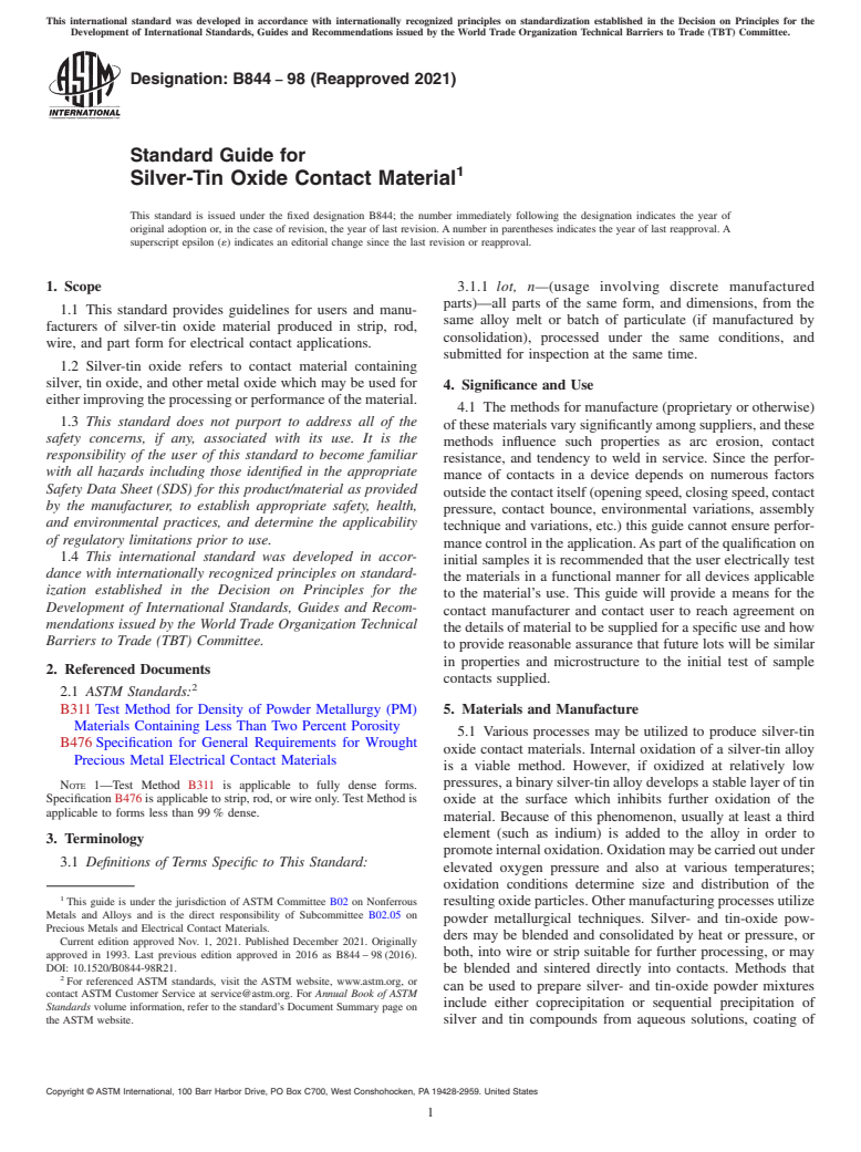 ASTM B844-98(2021) - Standard Guide for Silver-Tin Oxide Contact Material