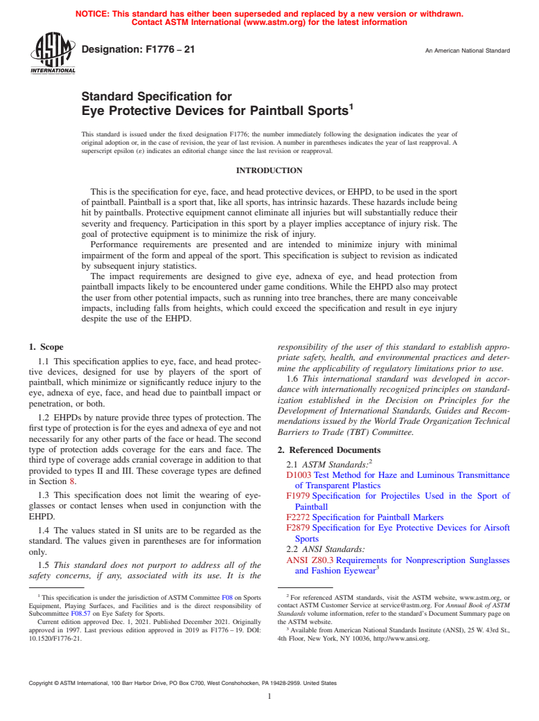 ASTM F1776-21 - Standard Specification for Eye Protective Devices for Paintball Sports