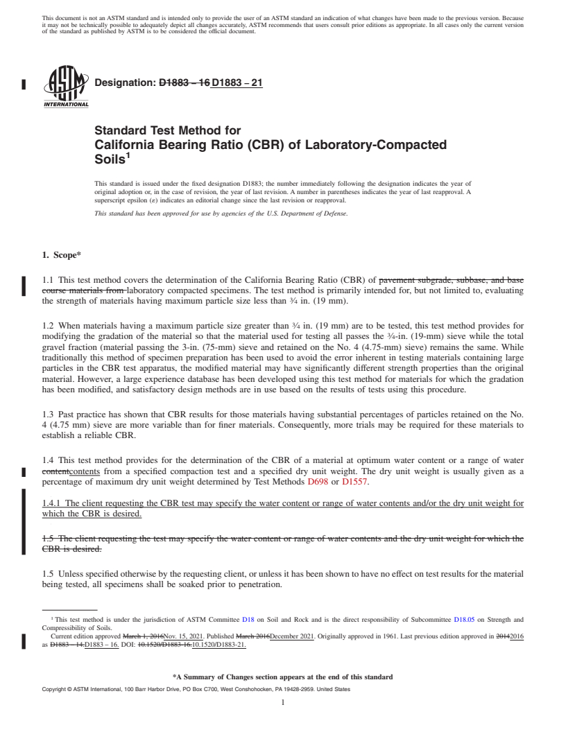 REDLINE ASTM D1883-21 - Standard Test Method for California Bearing Ratio (CBR) of Laboratory-Compacted Soils