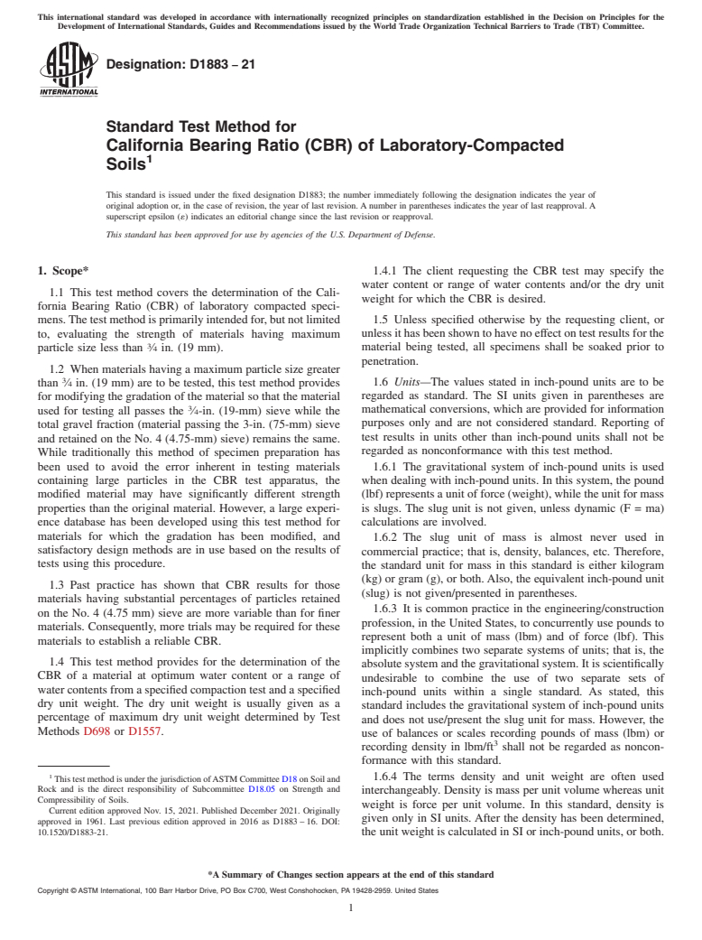ASTM D1883-21 - Standard Test Method for California Bearing Ratio (CBR) of Laboratory-Compacted Soils