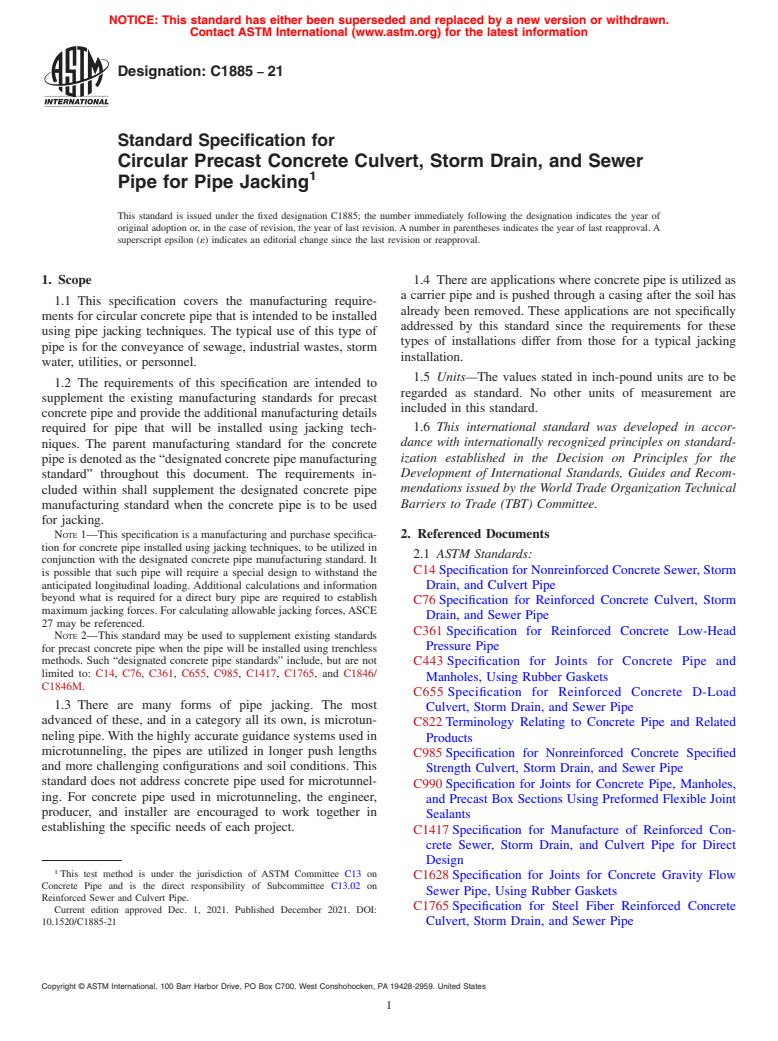 ASTM C1885-21 - Standard Specification for Circular Precast Concrete Culvert, Storm Drain, and Sewer Pipe  for Pipe Jacking