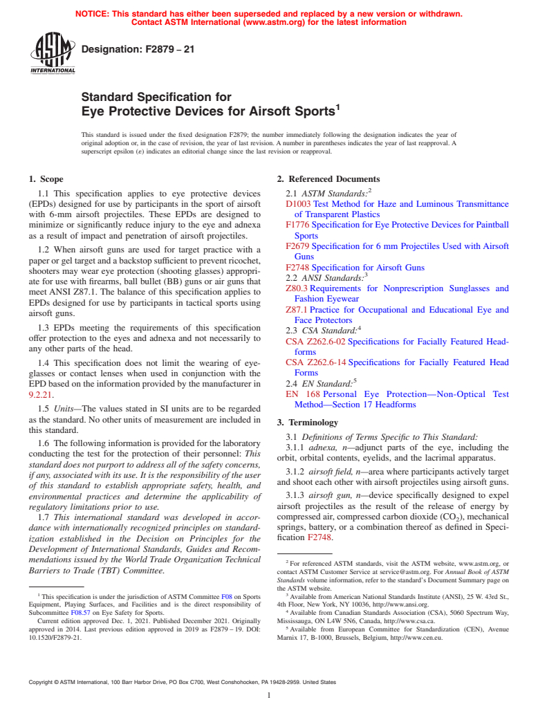 ASTM F2879-21 - Standard Specification for Eye Protective Devices for Airsoft Sports