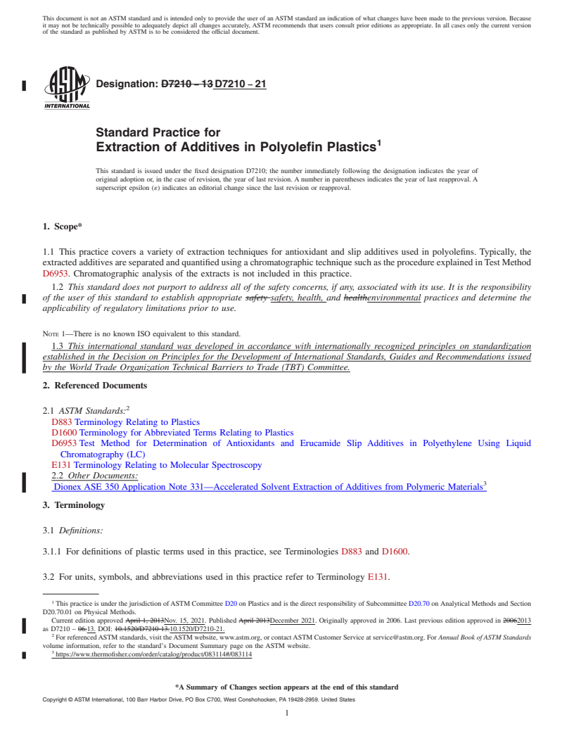 REDLINE ASTM D7210-21 - Standard Practice for  Extraction of Additives in Polyolefin Plastics