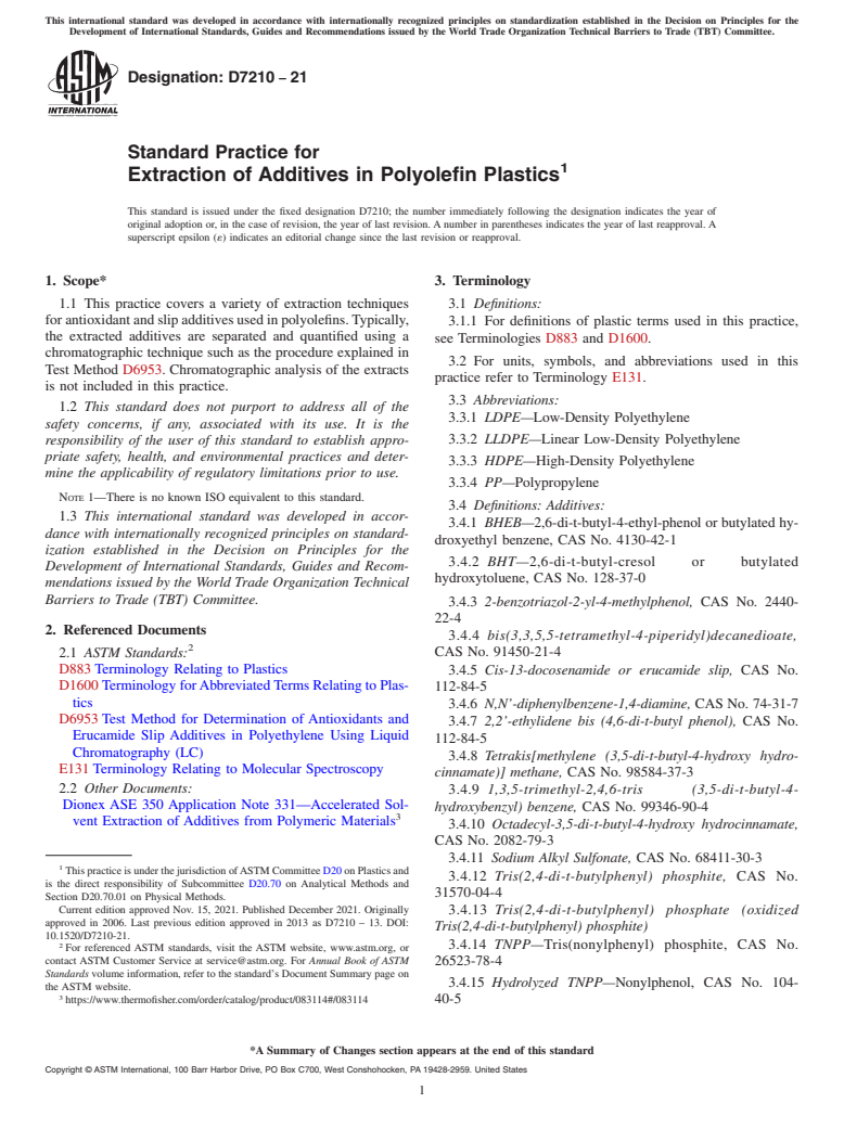 ASTM D7210-21 - Standard Practice for  Extraction of Additives in Polyolefin Plastics