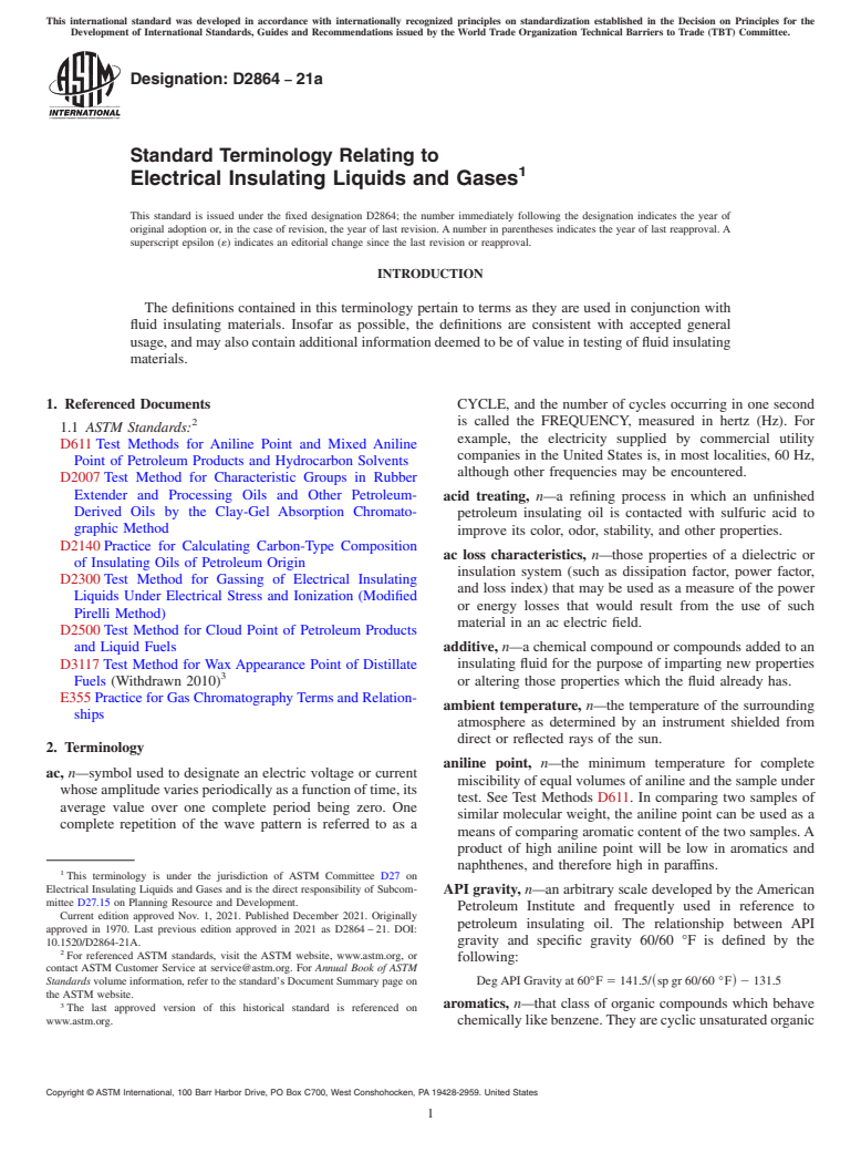 ASTM D2864-21a - Standard Terminology Relating to  Electrical Insulating Liquids and Gases