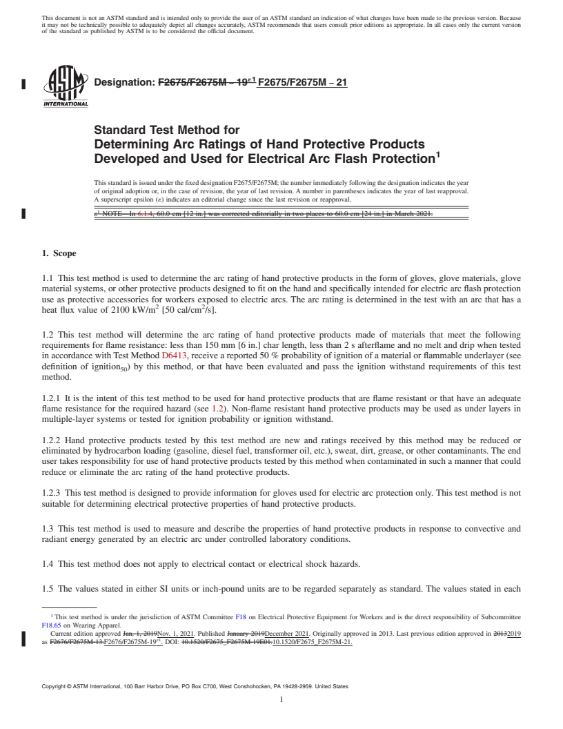 REDLINE ASTM F2675/F2675M-21 - Standard Test Method for Determining Arc Ratings of Hand Protective Products Developed  and Used for Electrical Arc Flash Protection