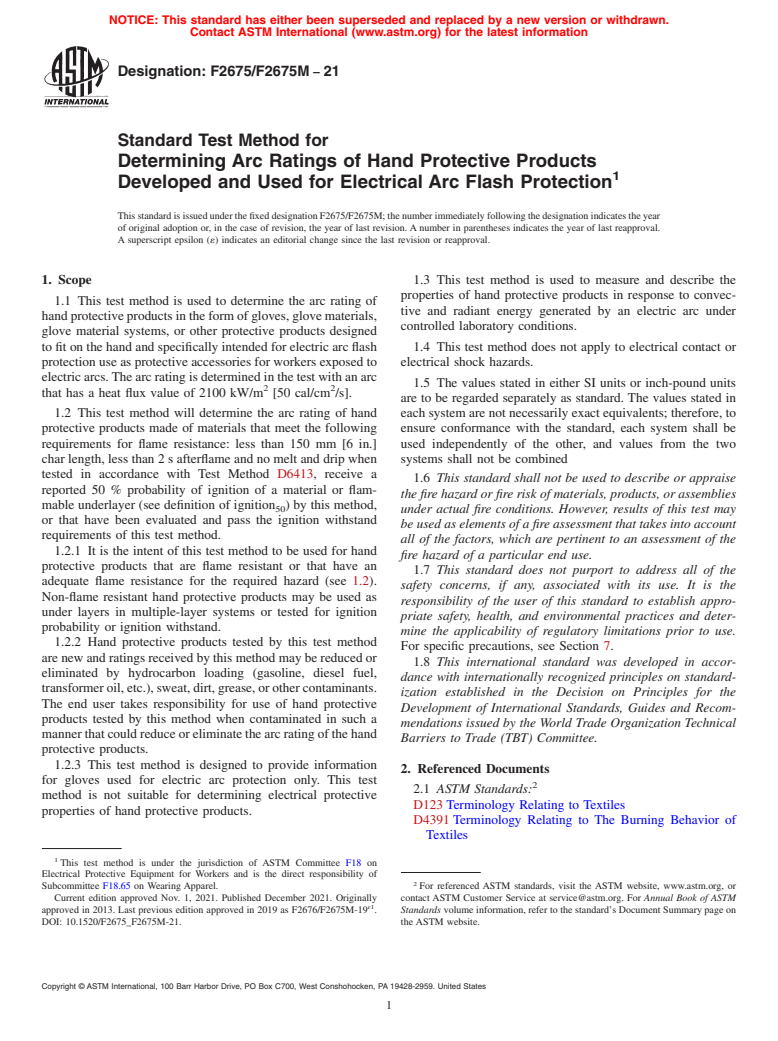 ASTM F2675/F2675M-21 - Standard Test Method for Determining Arc Ratings of Hand Protective Products Developed  and Used for Electrical Arc Flash Protection