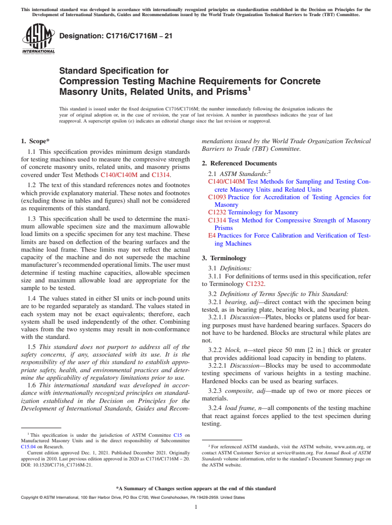 ASTM C1716/C1716M-21 - Standard Specification for Compression Testing Machine Requirements for Concrete Masonry   Units, Related Units, and Prisms
