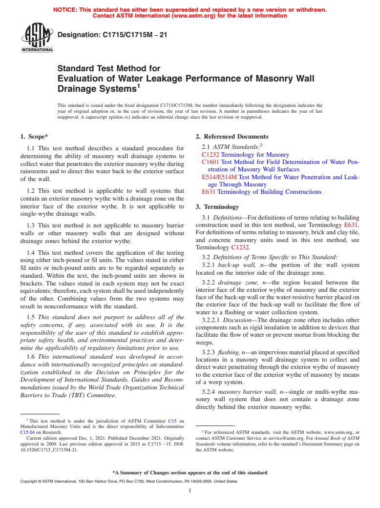 ASTM C1715/C1715M-21 - Standard Test Method for  Evaluation of Water Leakage Performance of Masonry Wall Drainage  Systems