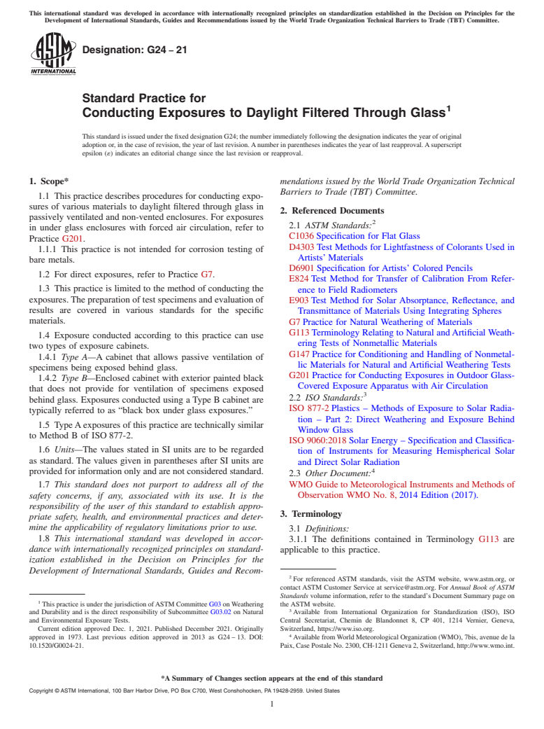 ASTM G24-21 - Standard Practice for  Conducting Exposures to Daylight Filtered Through Glass