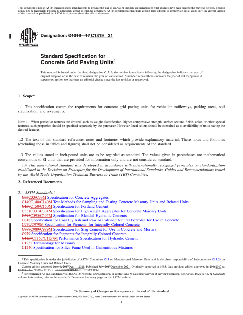 REDLINE ASTM C1319-21 - Standard Specification for  Concrete Grid Paving Units