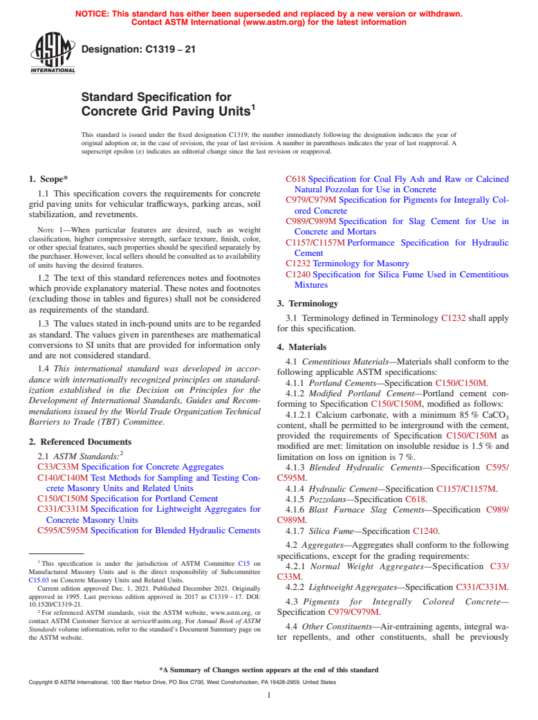 ASTM C1319-21 - Standard Specification for  Concrete Grid Paving Units