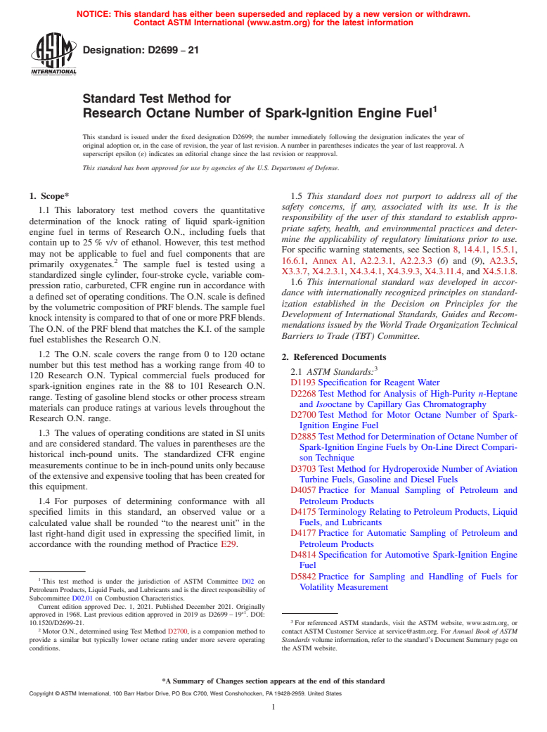 ASTM D2699-21 - Standard Test Method for Research Octane Number of Spark-Ignition Engine Fuel