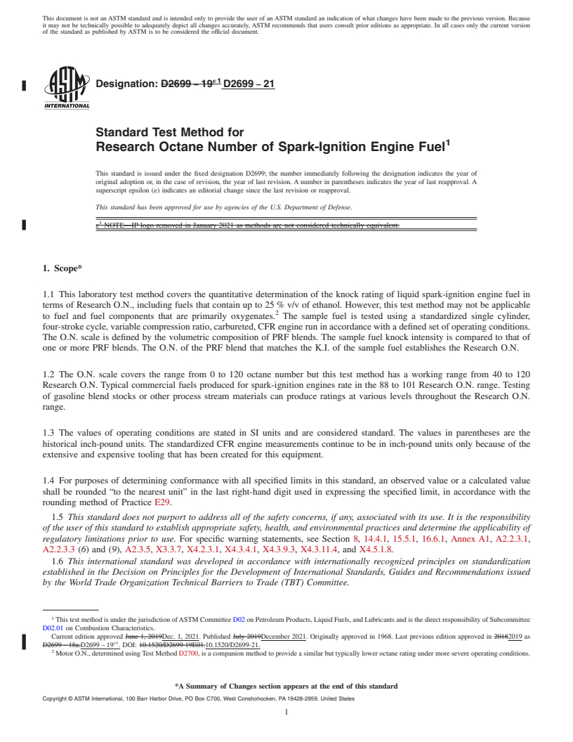 REDLINE ASTM D2699-21 - Standard Test Method for Research Octane Number of Spark-Ignition Engine Fuel