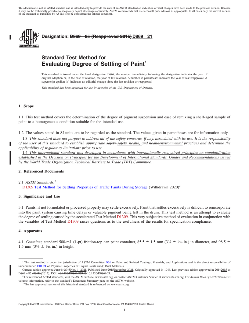 REDLINE ASTM D869-21 - Standard Test Method for Evaluating Degree of Settling of Paint