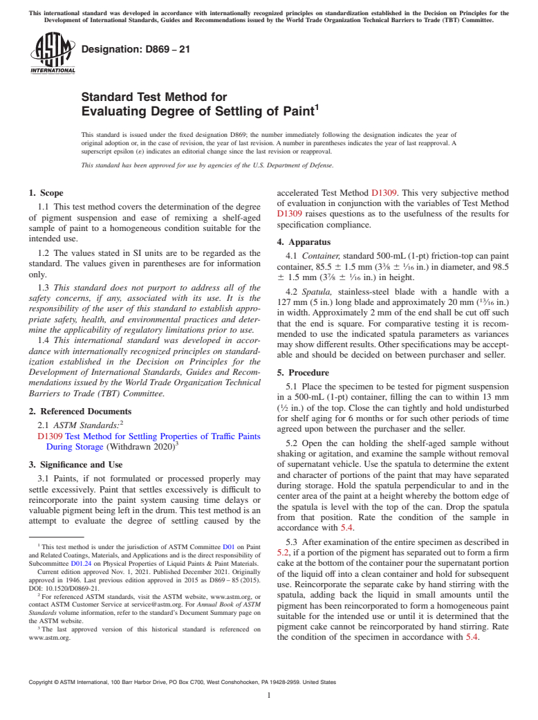 ASTM D869-21 - Standard Test Method for Evaluating Degree of Settling of Paint