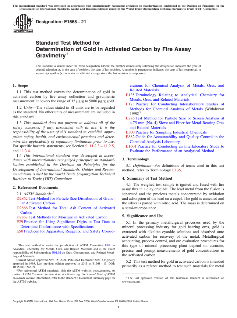 ASTM E1568-21 - Standard Test Method for  Determination of Gold in Activated Carbon by Fire Assay Gravimetry