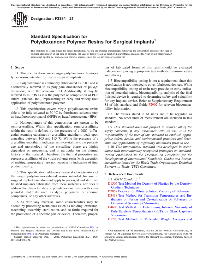 ASTM F3384-21 - Standard Specification for Polydioxanone Polymer Resins for Surgical Implants