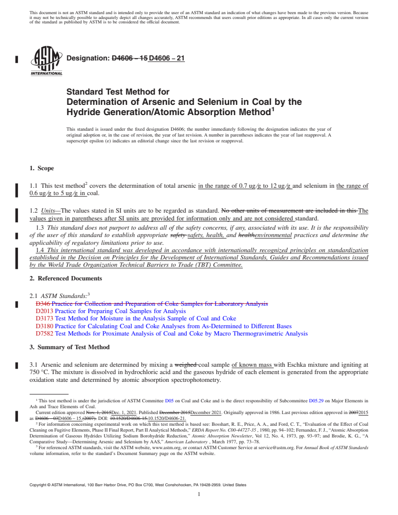 REDLINE ASTM D4606-21 - Standard Test Method for  Determination of Arsenic and Selenium in Coal by the Hydride  Generation/Atomic Absorption Method