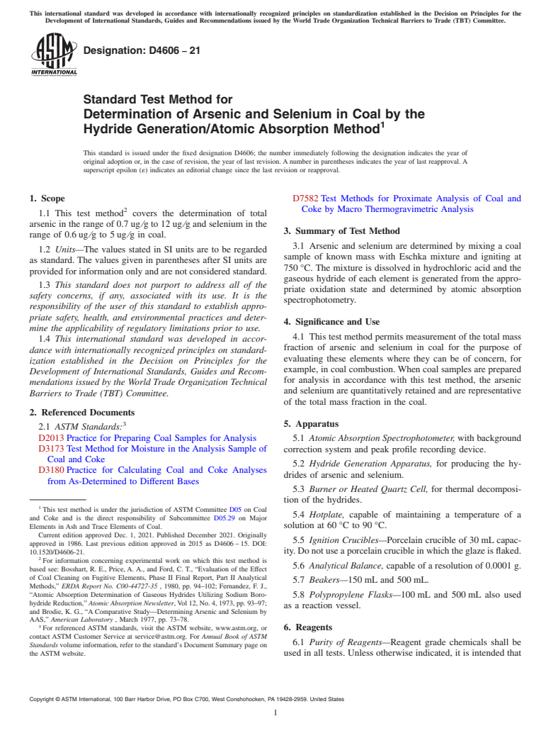 ASTM D4606-21 - Standard Test Method for  Determination of Arsenic and Selenium in Coal by the Hydride  Generation/Atomic Absorption Method