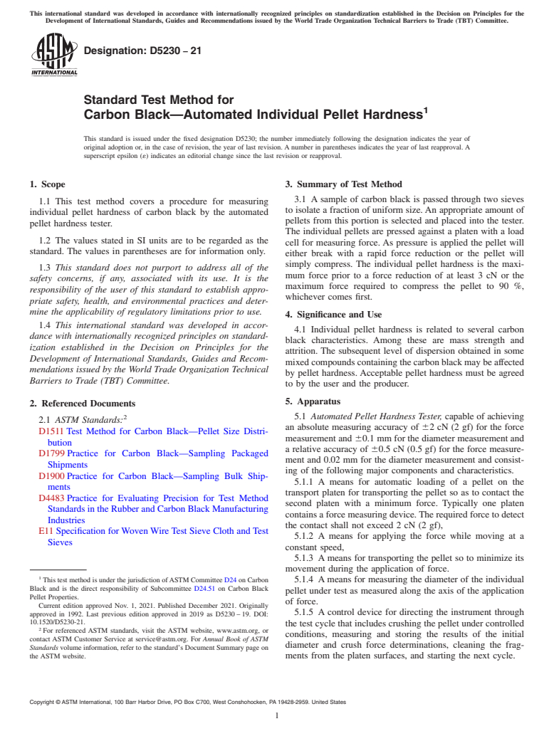 ASTM D5230-21 - Standard Test Method for  Carbon Black—Automated Individual Pellet Hardness