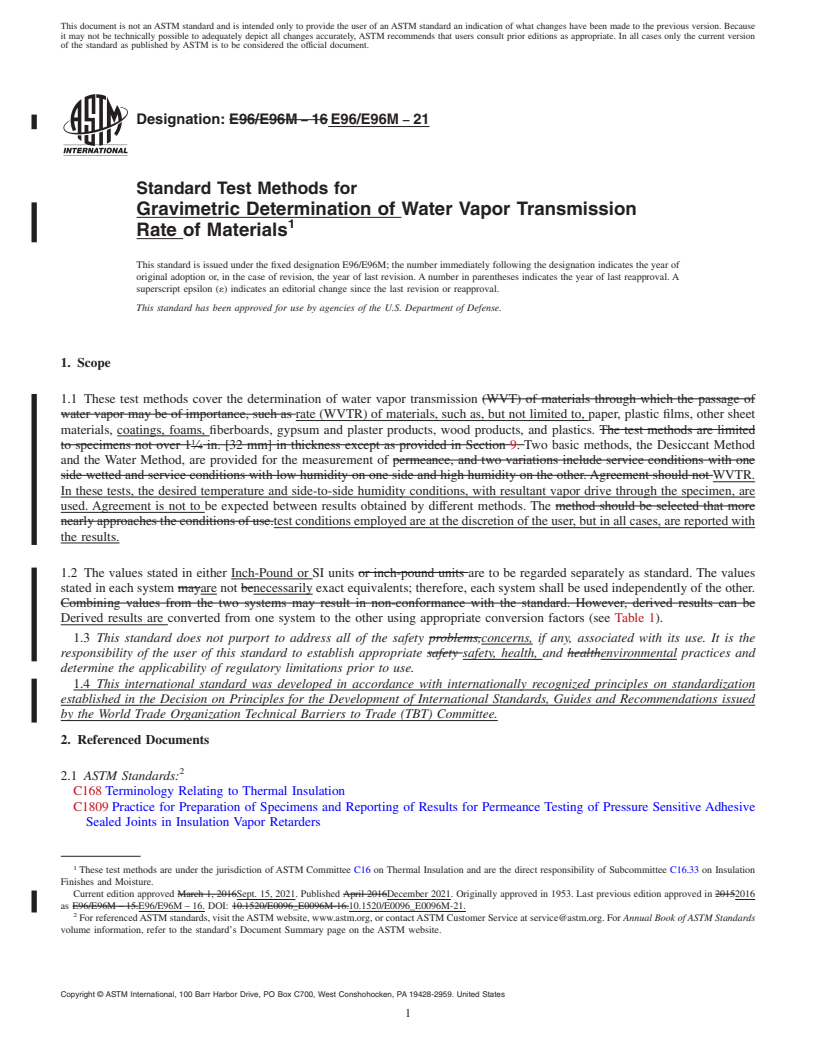 REDLINE ASTM E96/E96M-21 - Standard Test Methods for Gravimetric Determination of Water Vapor Transmission Rate  of Materials