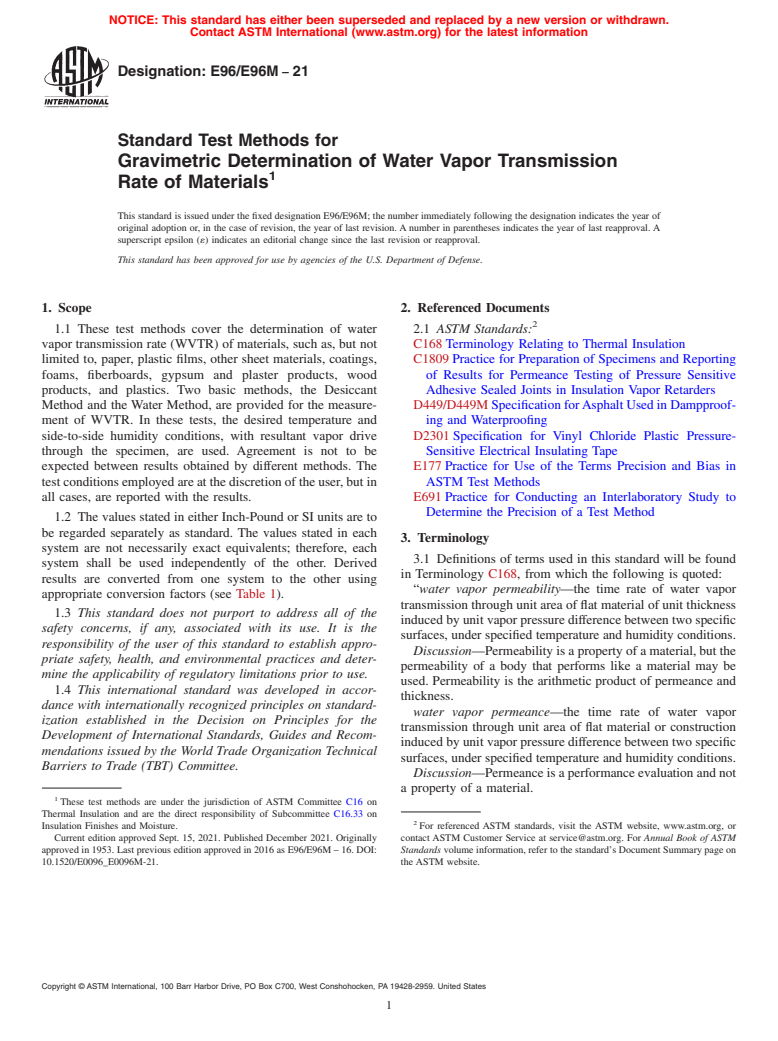 ASTM E96/E96M-21 - Standard Test Methods for Gravimetric Determination of Water Vapor Transmission Rate  of Materials