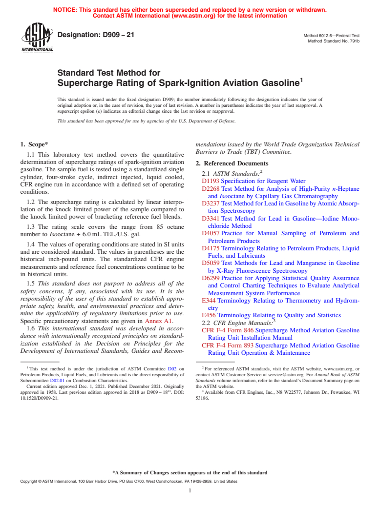 ASTM D909-21 - Standard Test Method for Supercharge Rating of Spark-Ignition Aviation Gasoline