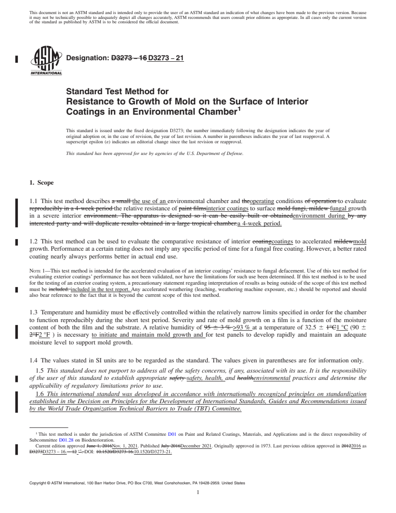 REDLINE ASTM D3273-21 - Standard Test Method for Resistance to Growth of Mold on the Surface of Interior Coatings   in  an Environmental Chamber