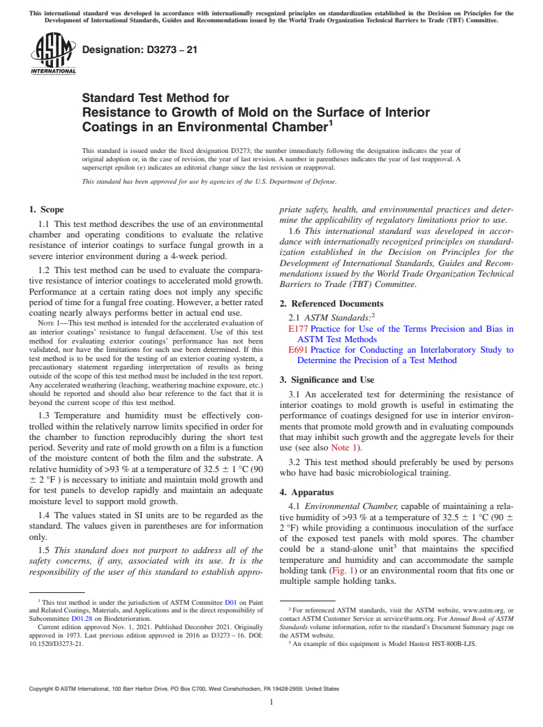 ASTM D3273-21 - Standard Test Method for Resistance to Growth of Mold on the Surface of Interior Coatings   in  an Environmental Chamber